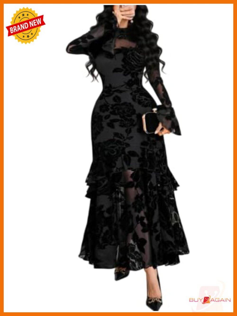 Women Floral Maxi Dress Bell Sleeve Mermaid Hem Wedding Guest Party